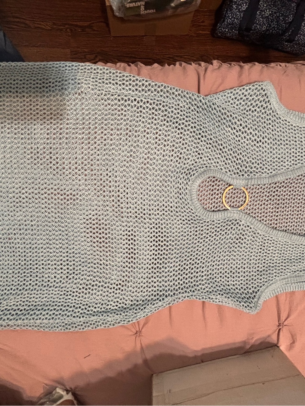 Light Blue crochet coverup with Gold Ring Detail